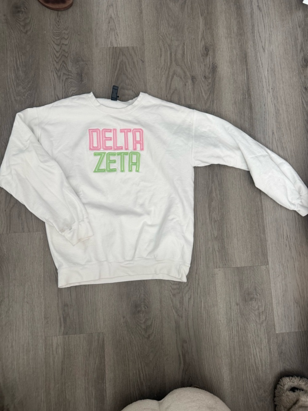 White Delta Zeta Crewneck Sweatshirt with Pink & Green Embroidery